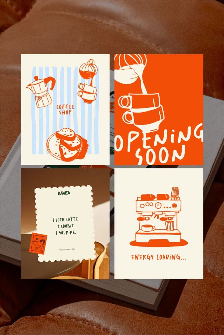 Four warm red-and-cream illustrated posters for a coffee shop, including an Opening Soon announcement