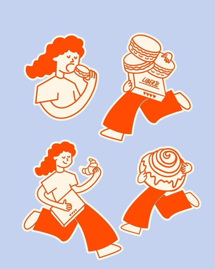Playful orange sticker illustrations of people running with pastries and macarons